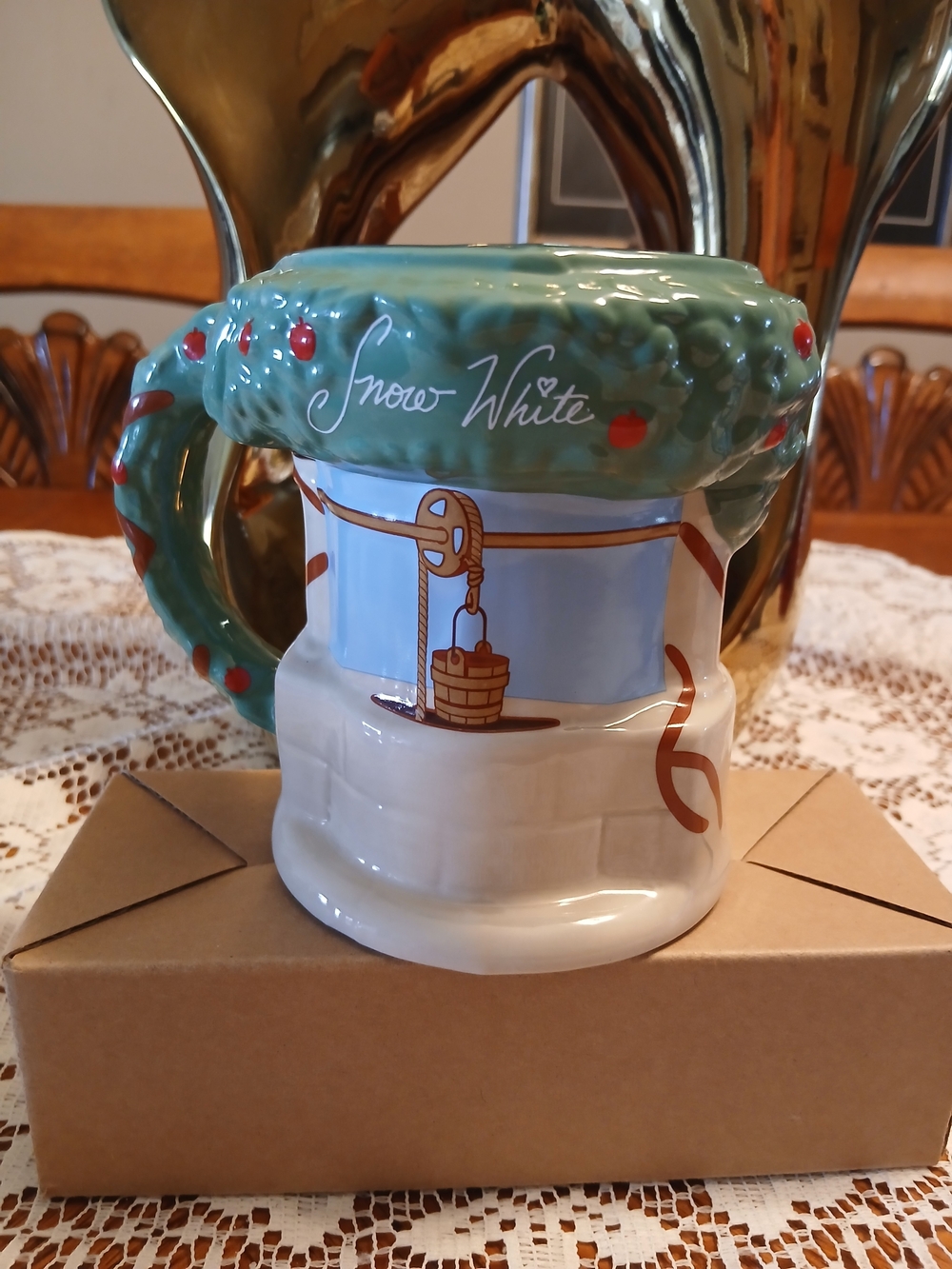 Disney Snow White Ceramic Mug with Green Wreath Handle and Red Berry Accents